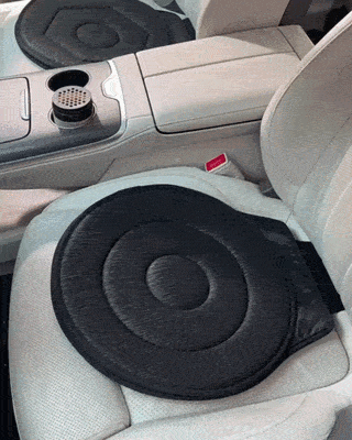 Moving image showcasing a swiveling seat for cars. Helps rotating in a seat.