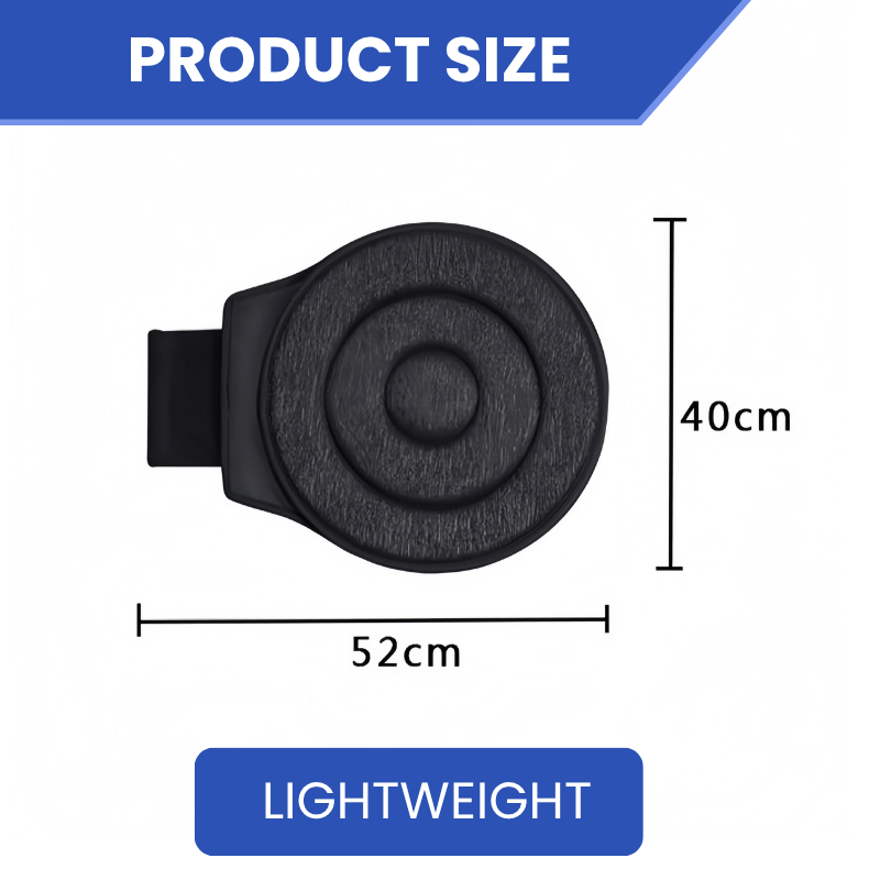 Product size diagram showing a black rotating cushion, labeled 52 cm wide and 40 cm tall. Blue 'PRODUCT SIZE' and 'LIGHTWEIGHT' banners on a white background.