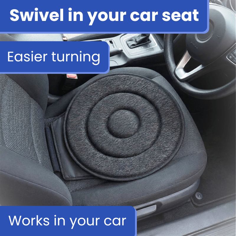 A circular black car seat swivel pad placed on a gray car passenger seat, with text overlays reading 'Swivel in your car seat,' 'Easier turning,' and 'Works in your car.' The product is shown installed in a real car interior.