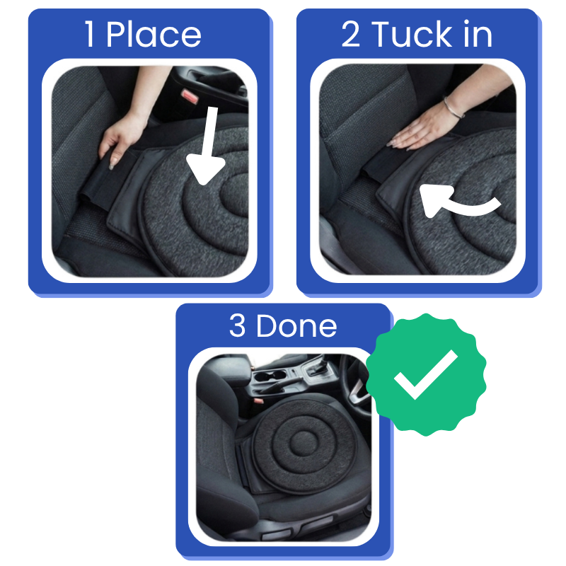 Instruction graphic showing how to place and tuck in a rotating black car seat  in a vehicle's passenger seat gap, with labeled panels 1 Place, 2 Tuck in, 3 Done and a green check mark.